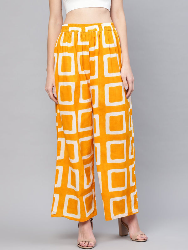 Women Mustard Yellow & Off-White Printed Wide Leg Palazzos | NOZ2TOZ - Made In INDIA.