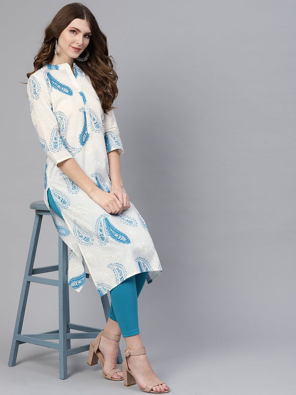 Women White & Blue Printed Straight Kurta | NOZ2TOZ - Made In INDIA.