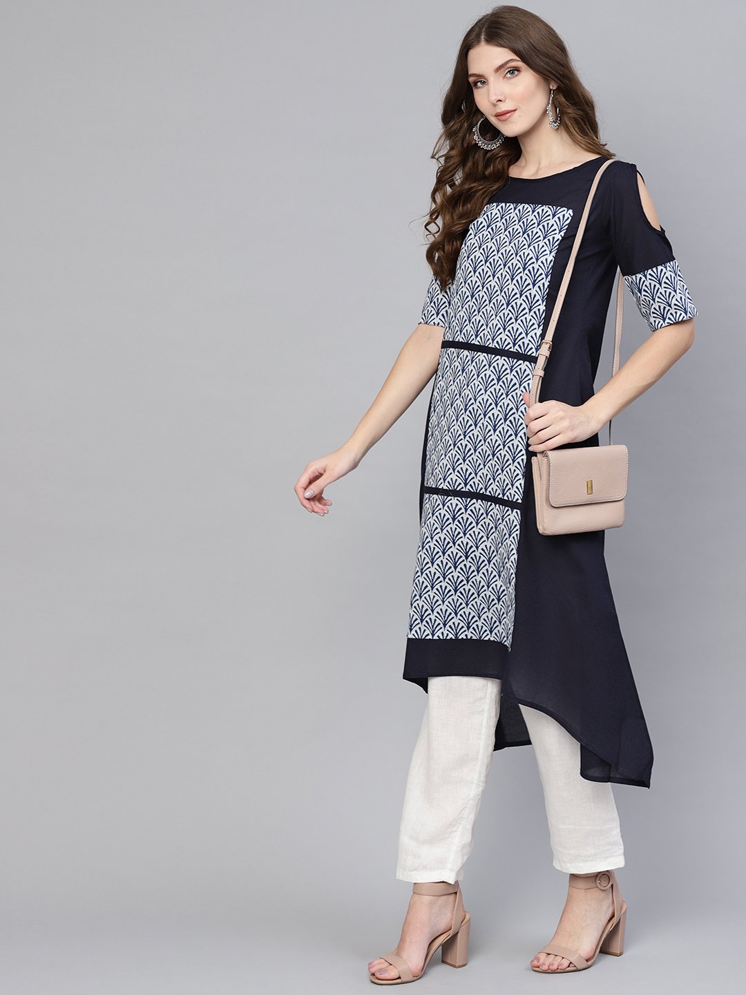 Women Navy Blue & White Printed Cold-Shoulder A-Line Kurta | NOZ2TOZ - Made In INDIA.