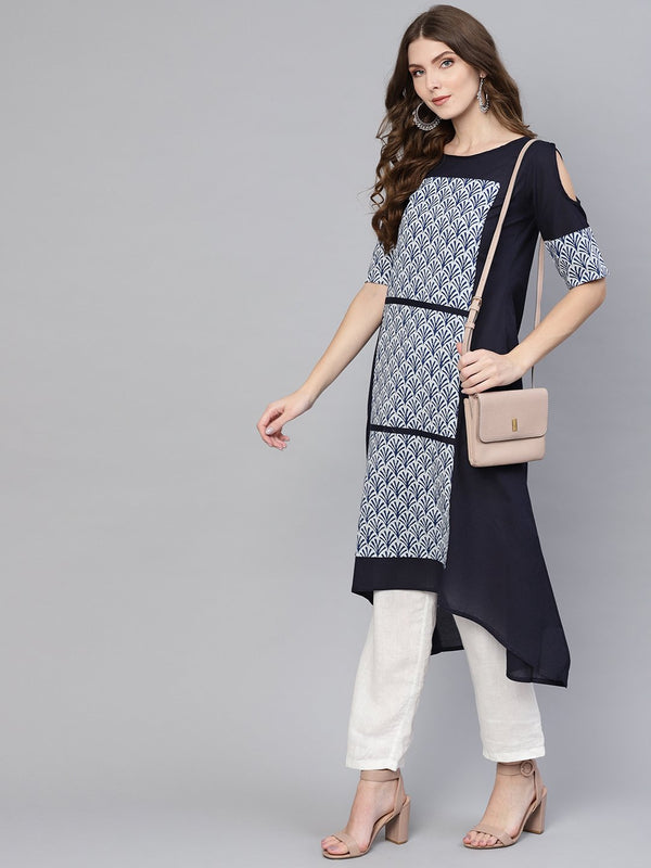 Solid navy blue asymetric a-line kurti with navy blue floral printed patches on the yoke with a boat neck and elbow sleeves | NOZ2TOZ - Made In INDIA.