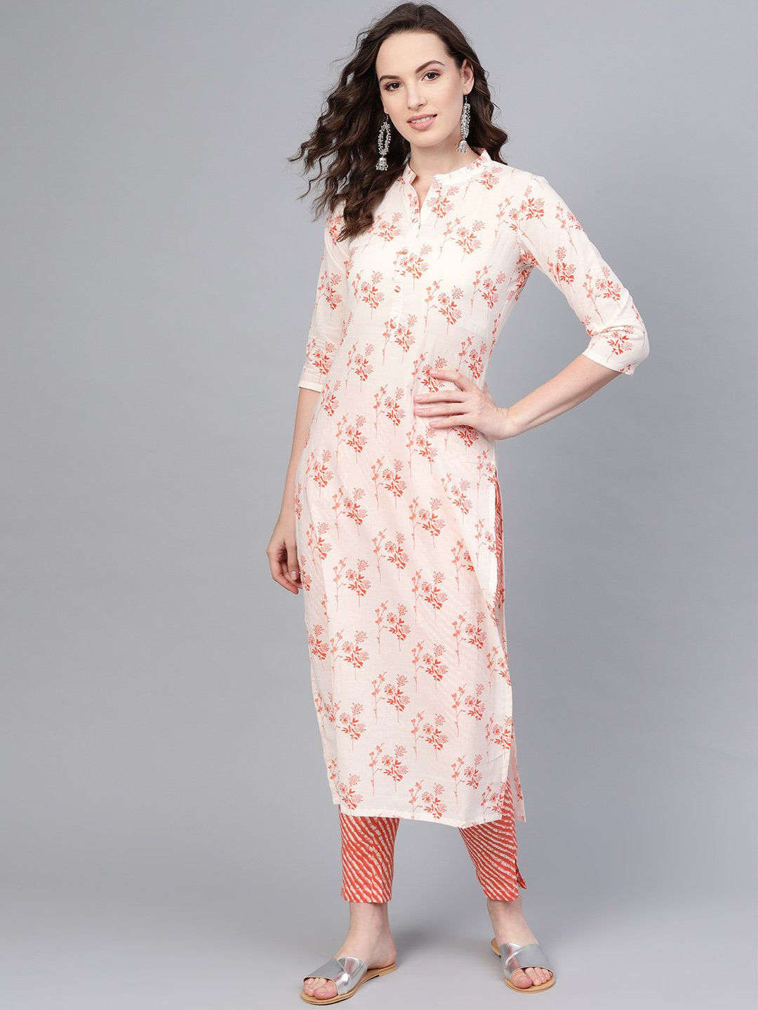 White & Orange Straight Kurta set with Lehriya pants | NOZ2TOZ - Made In INDIA.