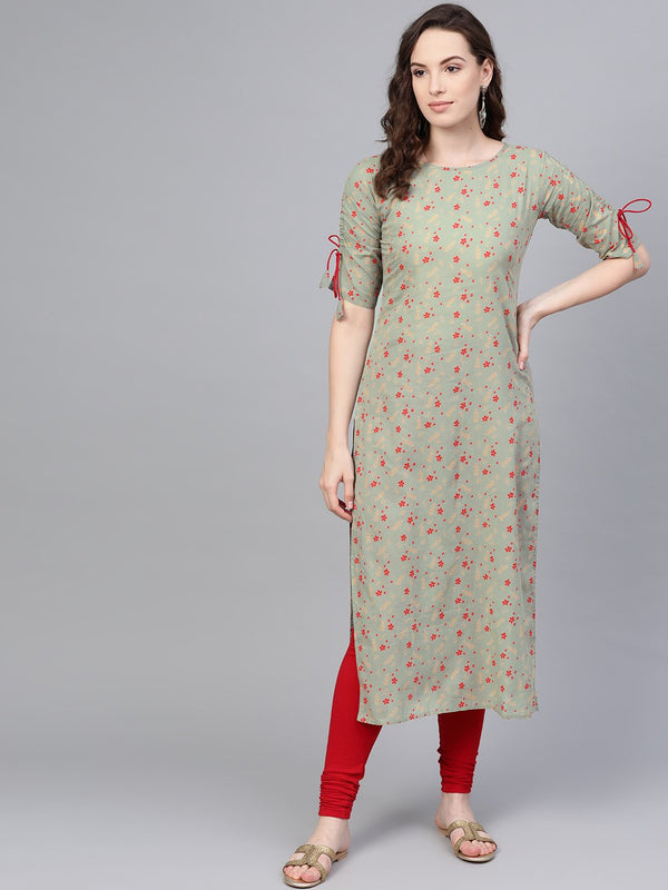 Green floral printed straight kurta with Round & detailed sleeves | NOZ2TOZ - Made In INDIA.