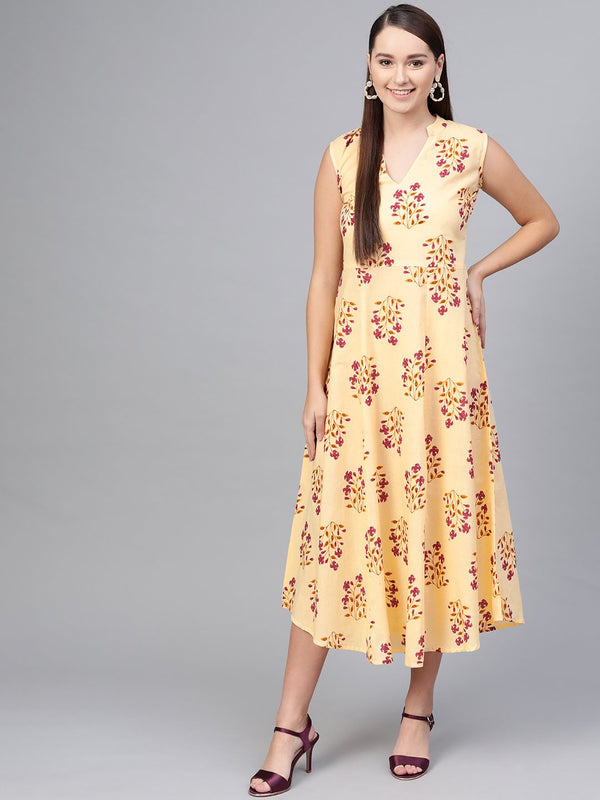 Cream Multi Colored Floral Sleeveless A- line dress with Mandarin Color | NOZ2TOZ - Made In INDIA.