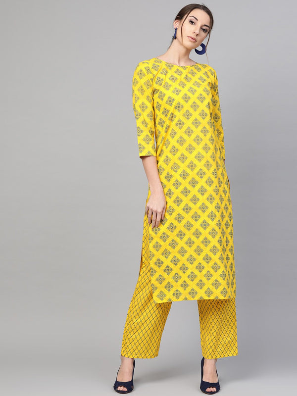 Yellow & Blue Geometric Printed Kurta set with Straight Pant | NOZ2TOZ - Made In INDIA.