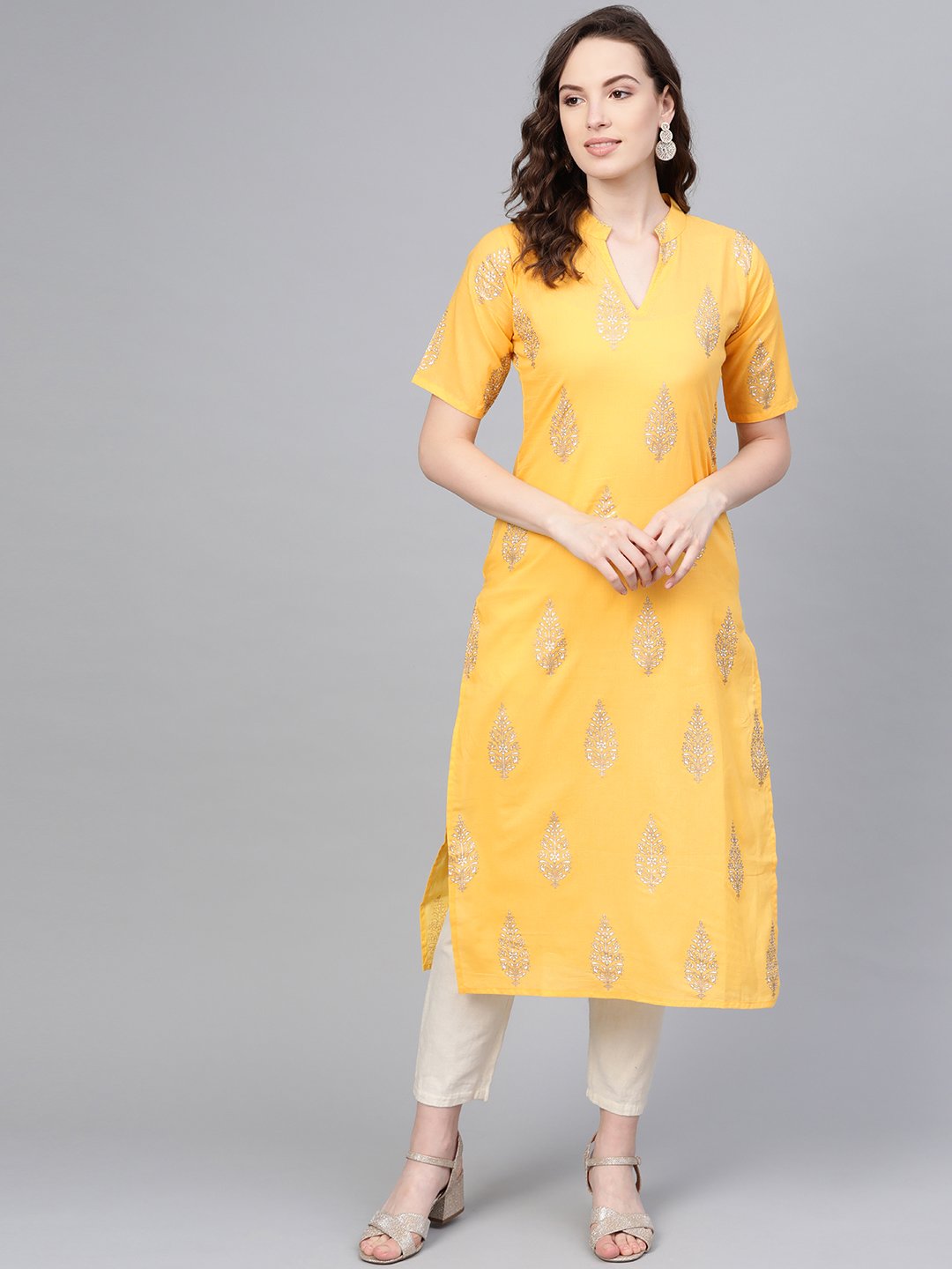 Yellow gold printed Kurta with Mandarin collar with half sleeves | NOZ2TOZ - Made In INDIA.