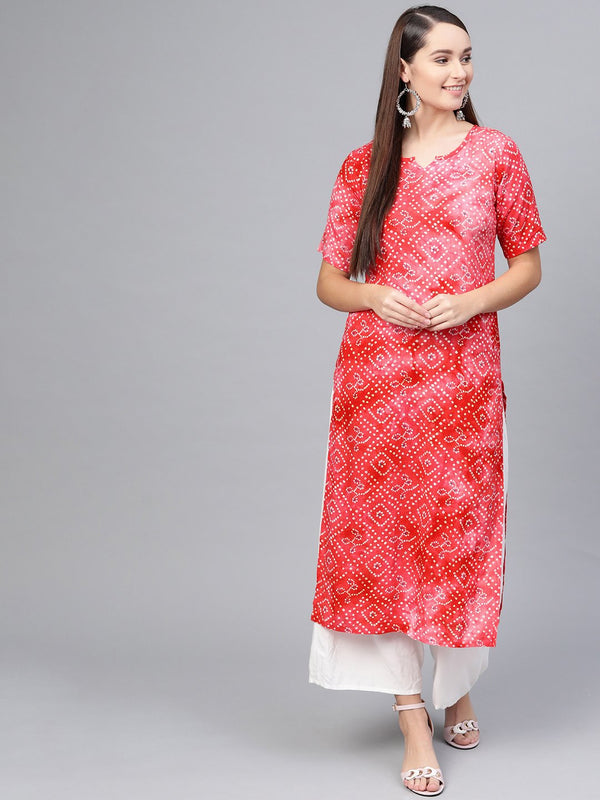 Coral Pink bandhani Printed straight cotton Kurta | NOZ2TOZ - Made In INDIA.