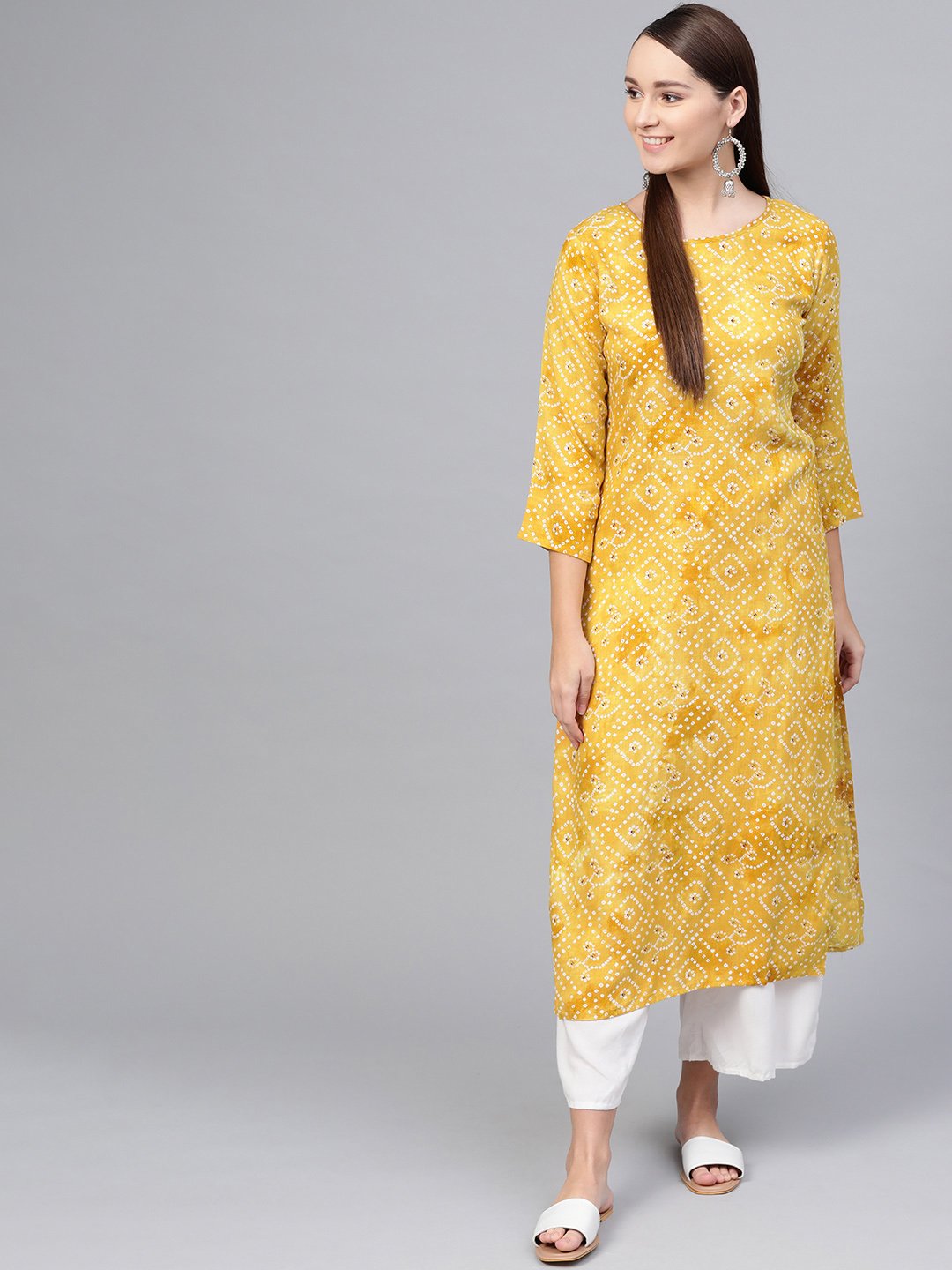 Yellow ochre Bandhani Straight kurta with Round neck & 3/4 sleeves | NOZ2TOZ - Made In INDIA.