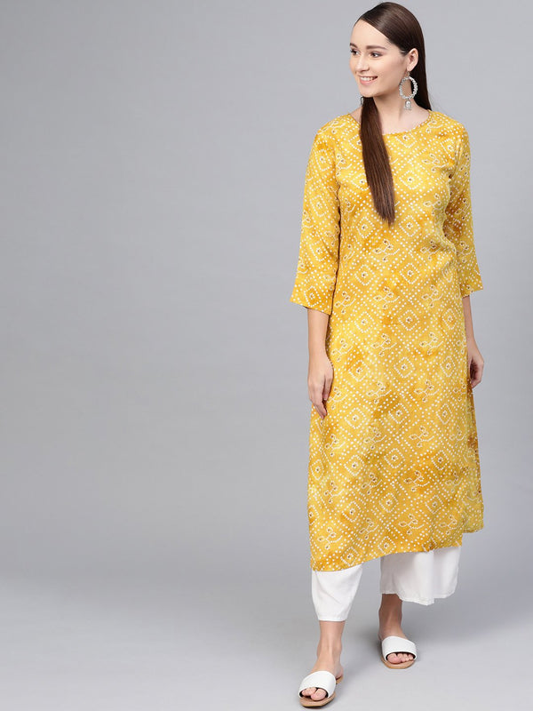 Yellow ochre Bandhani Straight kurta with Round neck & 3/4 sleeves | NOZ2TOZ - Made In INDIA.