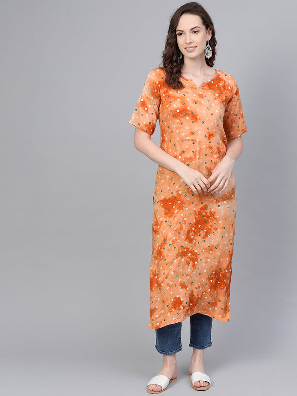 Rusty Orange Bandhani Straight kurta with Round neck & Half sleeves | NOZ2TOZ - Made In INDIA.