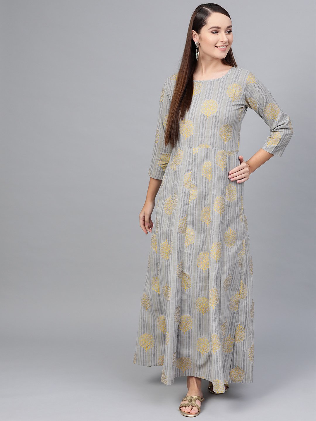 Grey Striped Gold printed maxi dress with Round Neck & 3/4 sleeves | NOZ2TOZ - Made In INDIA.