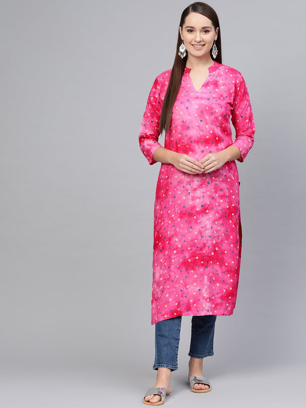 Magenta Bandhini Kurta with Mandarin collar with 3/4 sleeves | NOZ2TOZ - Made In INDIA.