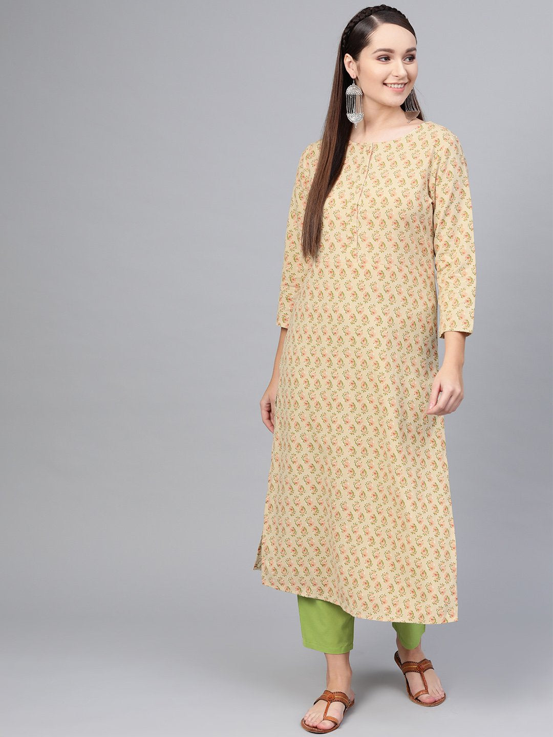 Beige Floral Printed Kurta Set with solid green Pants | NOZ2TOZ - Made In INDIA.