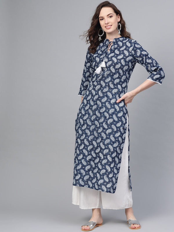 Indigo Blue & white printed Straight Kurta with Madarin collar & 3/4 sleeves | NOZ2TOZ - Made In INDIA.