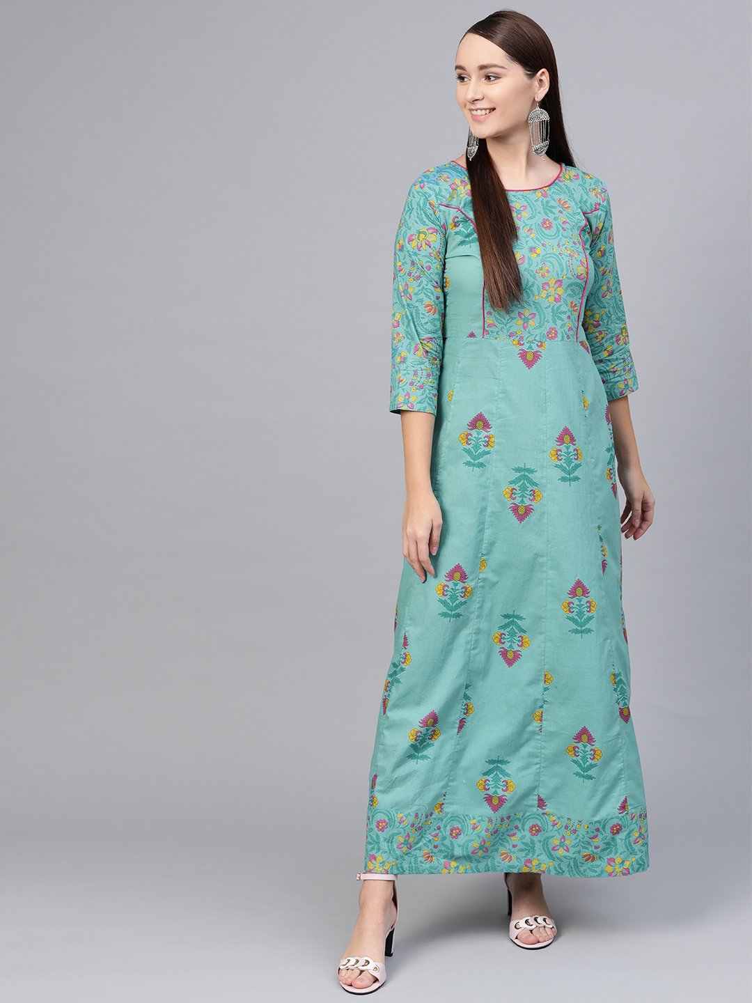 Green Multi colored printed Maxi dress with Round neck & 3/4 sleeves | NOZ2TOZ - Made In INDIA.