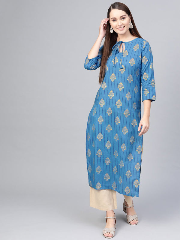 Cobalt blue Gold printed Striaght kurta with Keyhole neck & 3/4 sleeves | NOZ2TOZ - Made In INDIA.