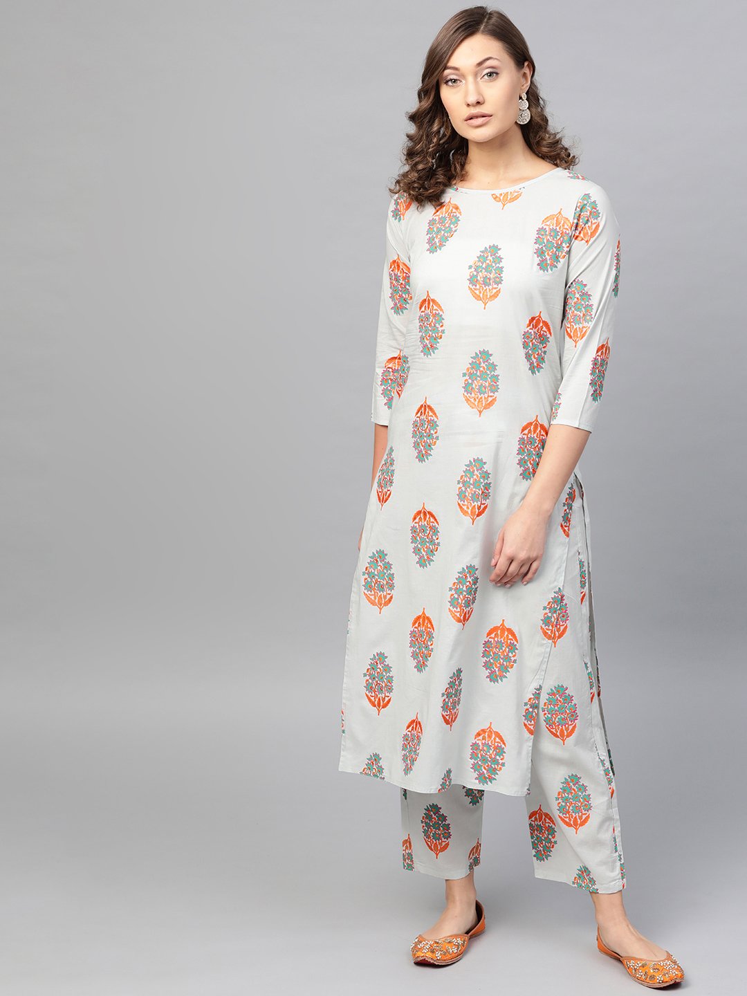 Light Grey & Orange Multi Colored Printed Kurta set with Pant | NOZ2TOZ - Made In INDIA.