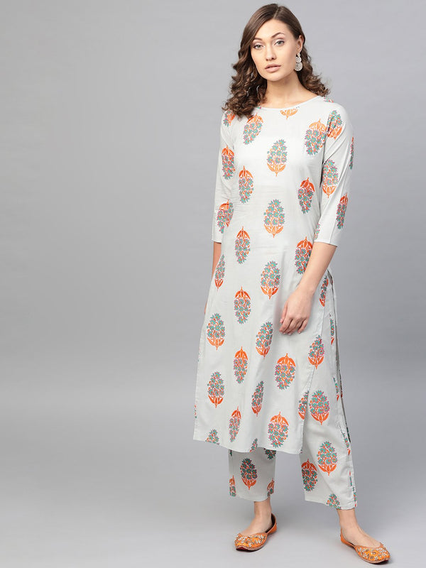 Light Grey & Orange Multi Colored Printed Kurta set with Pant | NOZ2TOZ - Made In INDIA.