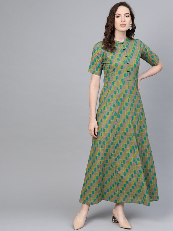 Sage green Multi colored Geometric printed Maxi dress with Mandarin Collar & half sleeves | NOZ2TOZ - Made In INDIA.