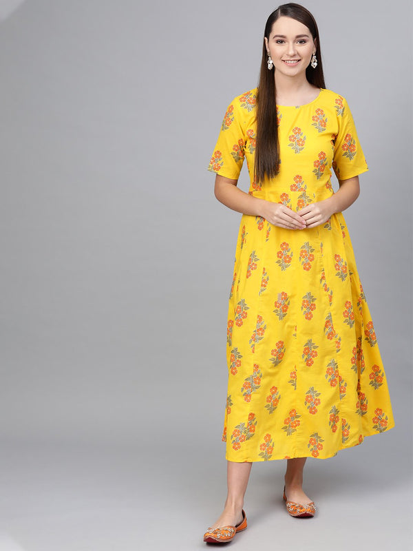 Yellow & Orange Printed maxi dress with Round neck & half sleeves | NOZ2TOZ - Made In INDIA.