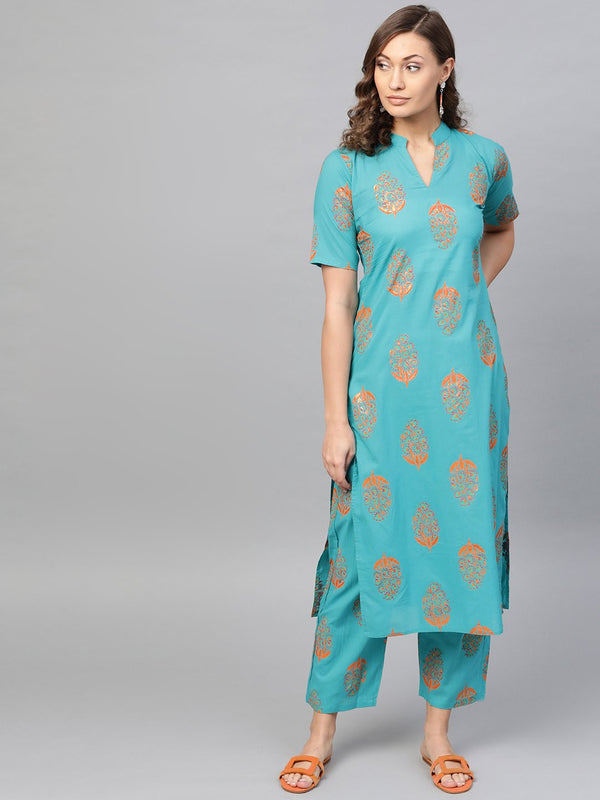 Blue & Orange Printed Straight Kurta Set with Pants | NOZ2TOZ - Made In INDIA.