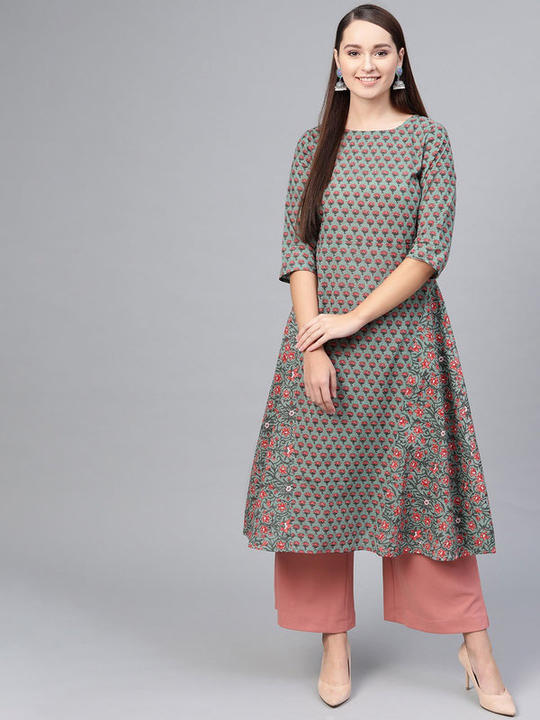 Sage green Floral Printed A-line kurta with Boat Neck & 3/4 sleeves | NOZ2TOZ - Made In INDIA.