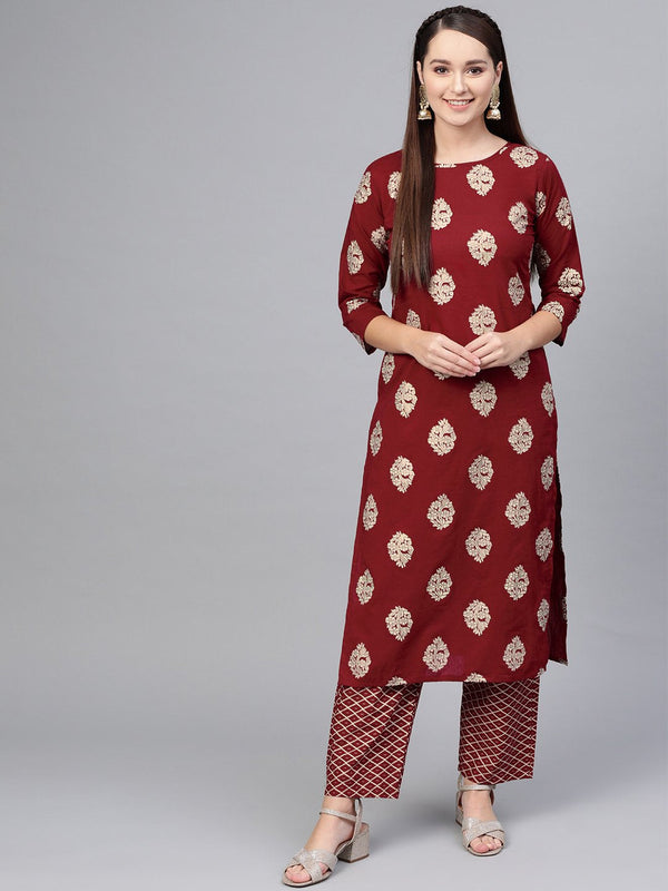 Maroon & cream Gold printed Kurta set with pants | NOZ2TOZ - Made In INDIA.