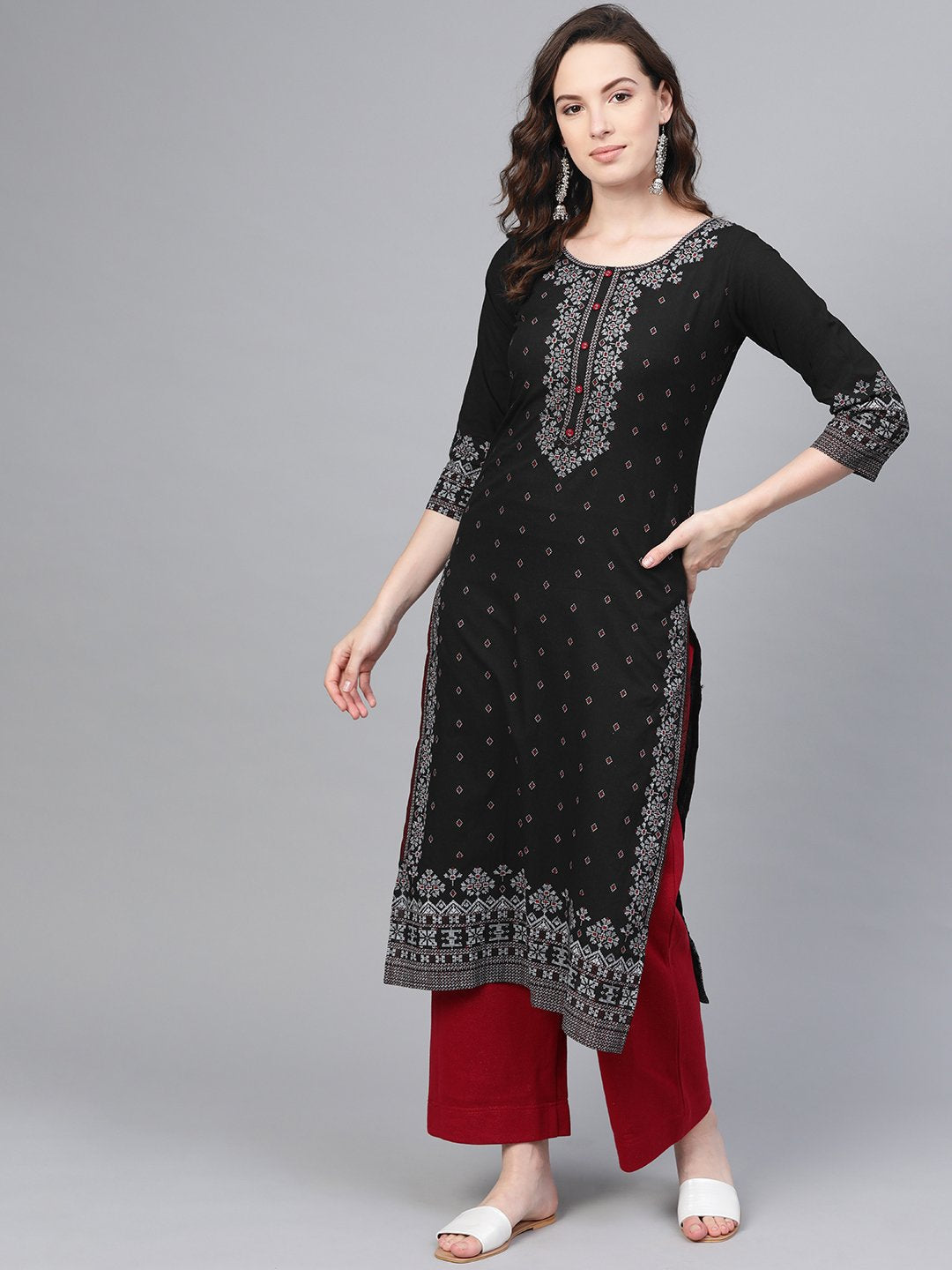 Black & White printed Straight Kurta with Round neck & 3/4 sleeves | NOZ2TOZ - Made In INDIA.