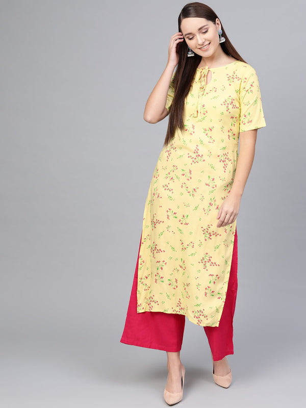 Light Yellow Multi colored Floral printed Straight kurta with Keyhole neck & half sleeves | NOZ2TOZ - Made In INDIA.