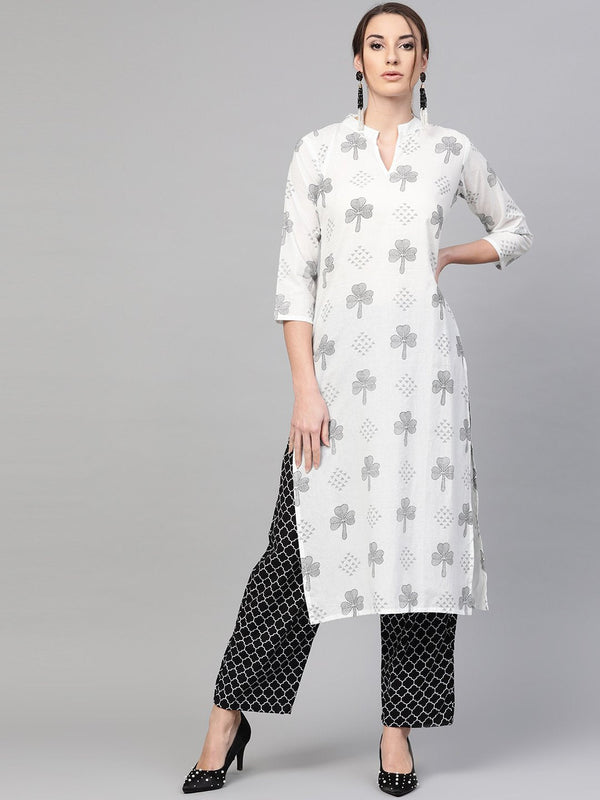 White & Navy Blue Printed Kurta set with Pants | NOZ2TOZ - Made In INDIA.