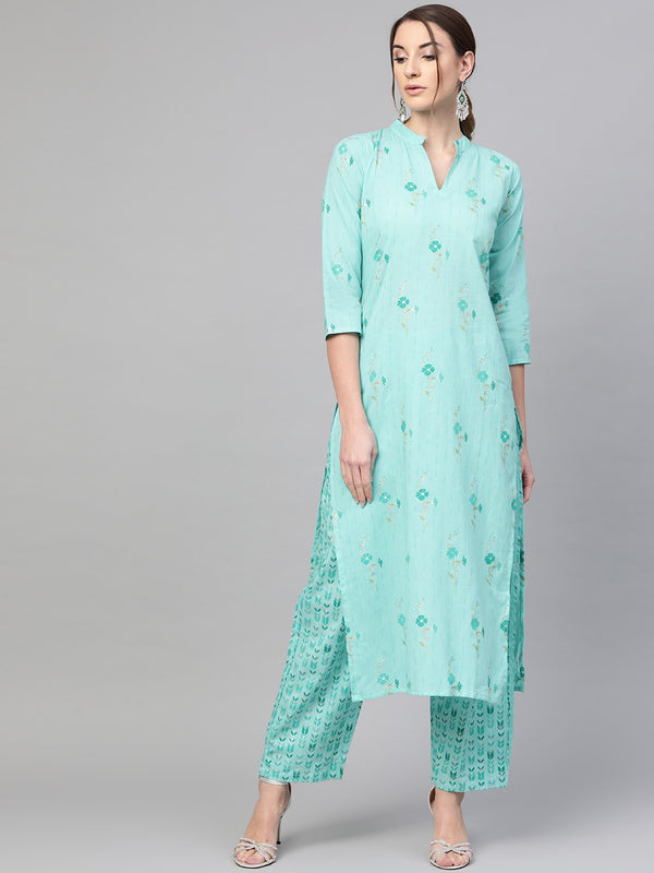 Turquoise Blue Gold printed Kurta set with Pants | NOZ2TOZ - Made In INDIA.