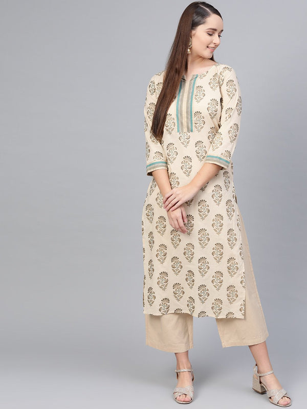 Cream Printed Straight Kurta with Round neck with V Slit & 3/4 sleeves | NOZ2TOZ - Made In INDIA.