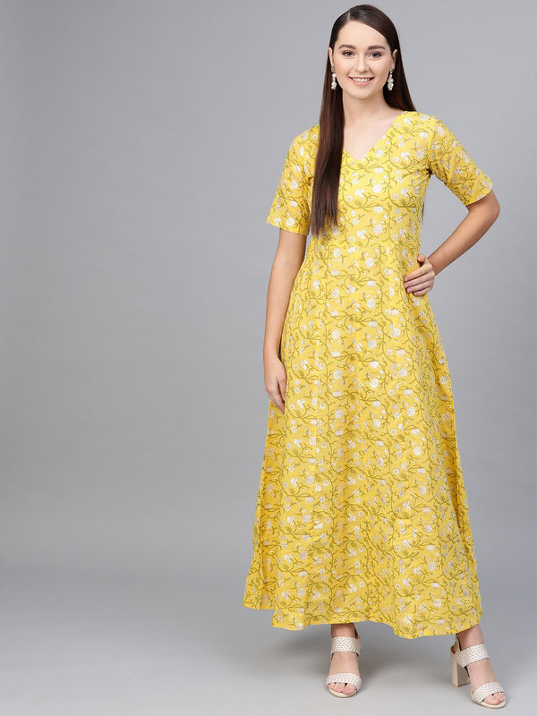 Yellow Multi colored Floral printed maxi dress with V neck & 3/4 sleeves | NOZ2TOZ - Made In INDIA.