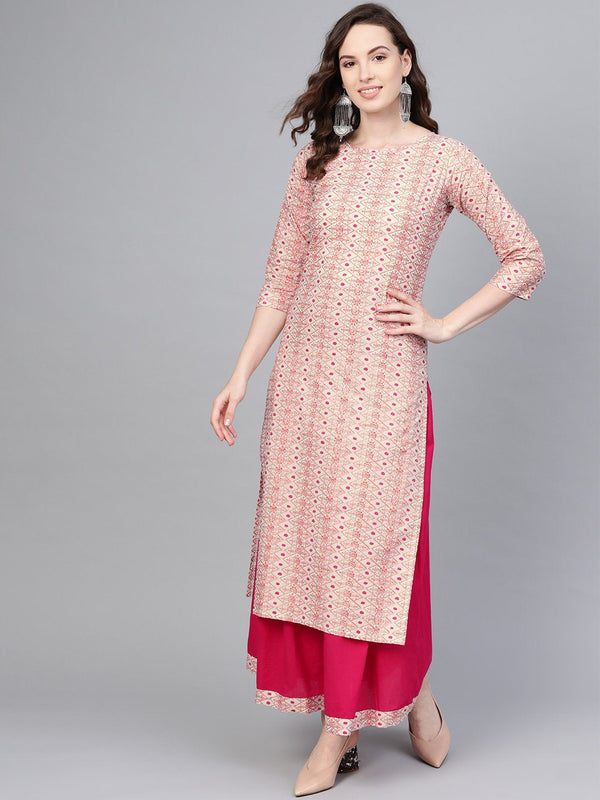 Cream Multi colored printed Straight Kurta with Magenta Skirt | NOZ2TOZ - Made In INDIA.