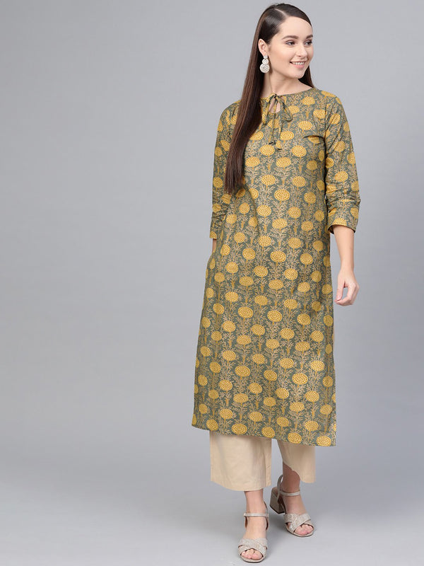 Moss green & yellow printed Straight kurta with Keyhole neck & 3/4 sleeves | NOZ2TOZ - Made In INDIA.