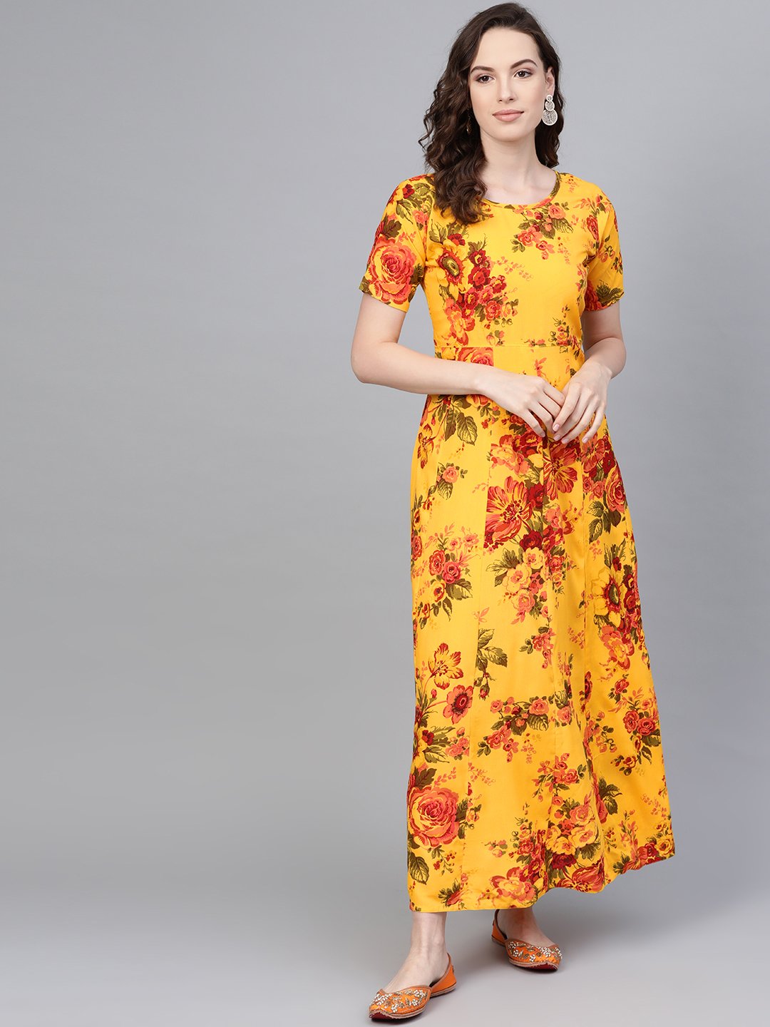 Yellow Multi colored floral printed Maxi dress with Round neck & 3/4 sleeves | NOZ2TOZ - Made In INDIA.