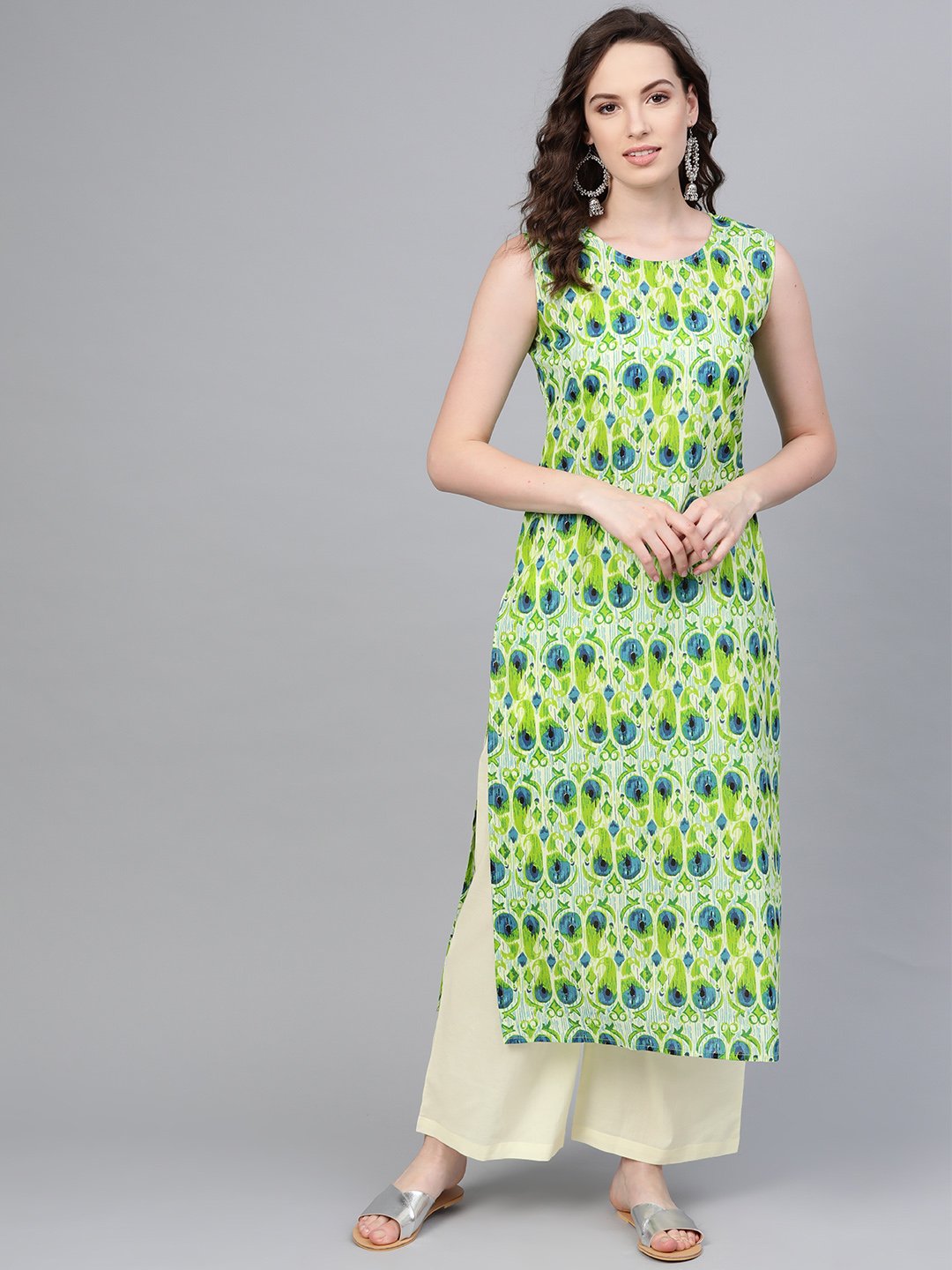 Green Multi Colored Sleeveless Kurta set with Cream Palazzo | NOZ2TOZ - Made In INDIA.