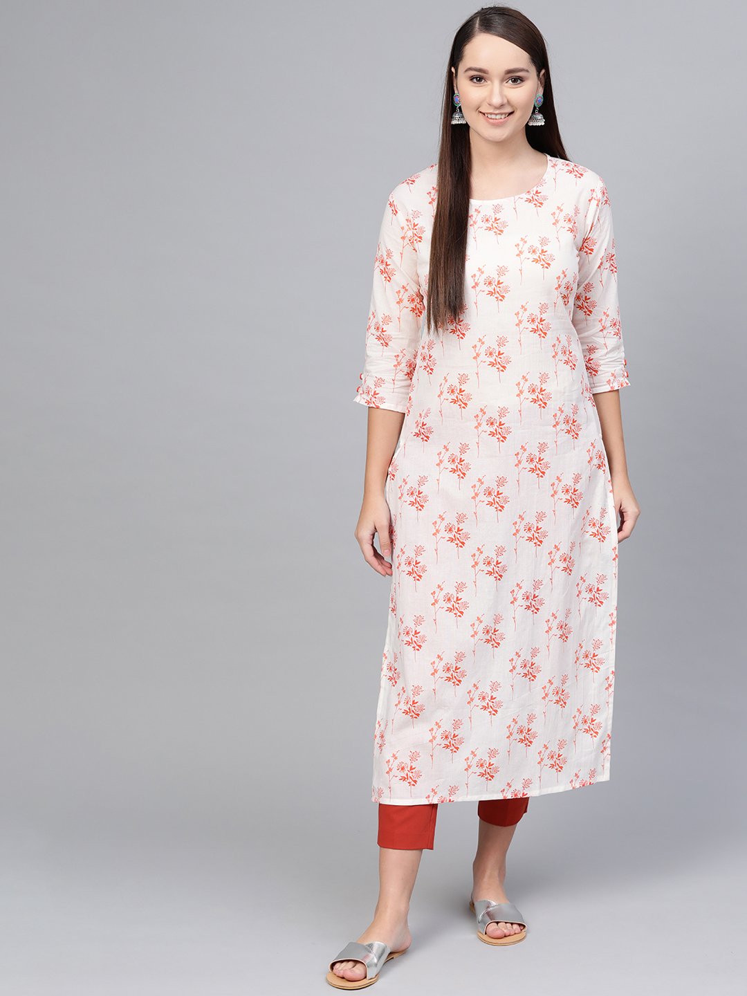 White & Orange Printed Straight kurta with Round Neck & 3/4 sleeves | NOZ2TOZ - Made In INDIA.