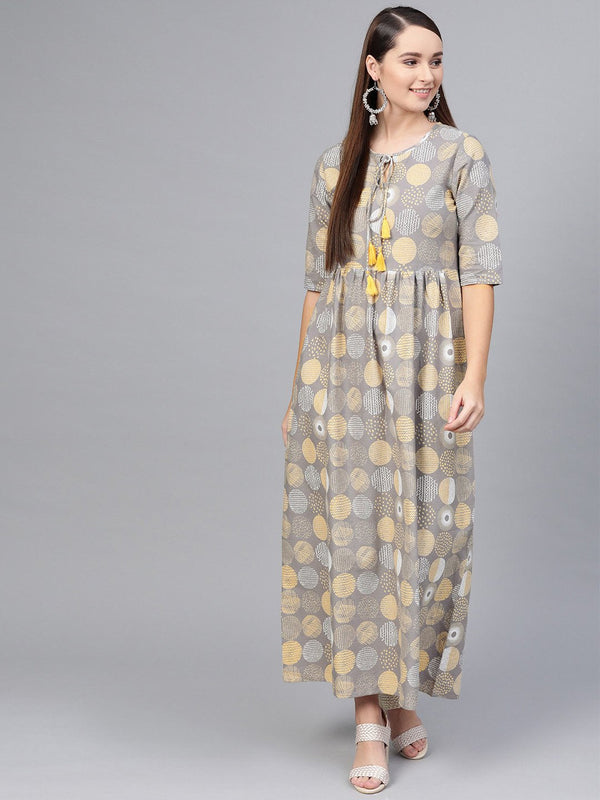 Grey multi colored Printed Maxi dress with keyhole neck & half sleeves | NOZ2TOZ - Made In INDIA.