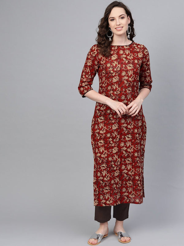 Maroon Floral printed Straight kurta set with dark brown pants | NOZ2TOZ - Made In INDIA.