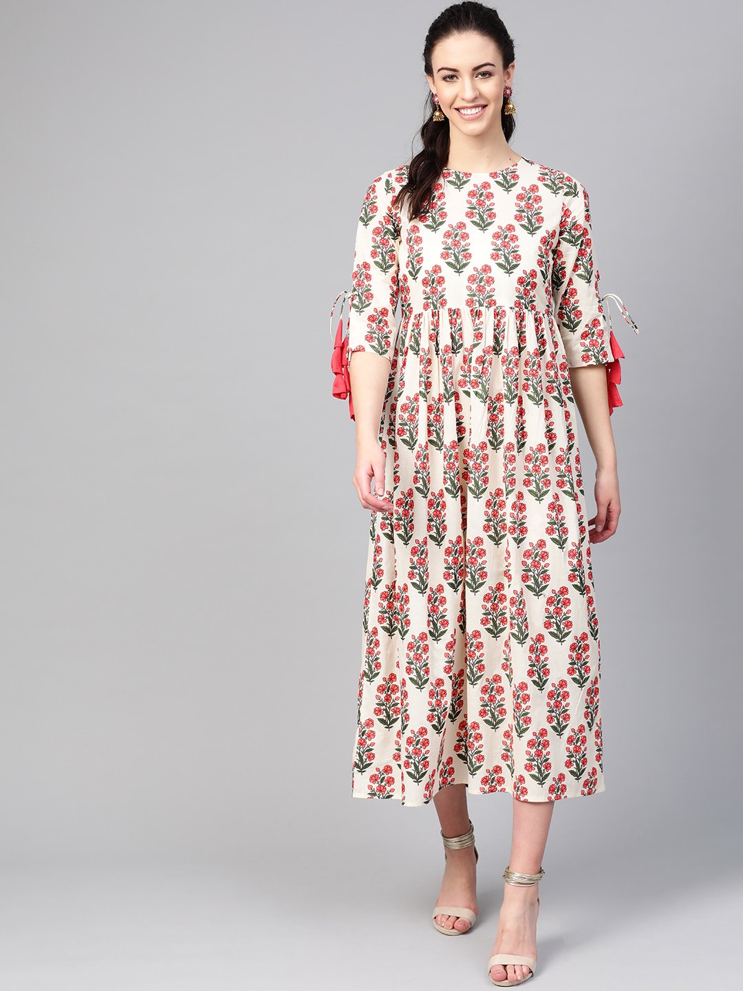 Women White & Coral Floral Maxi Dress | NOZ2TOZ - Made In INDIA.