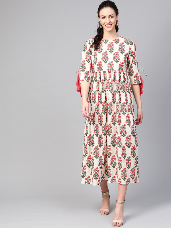 Women White & Coral Floral Printed Maxi Dress | NOZ2TOZ - Made In INDIA.