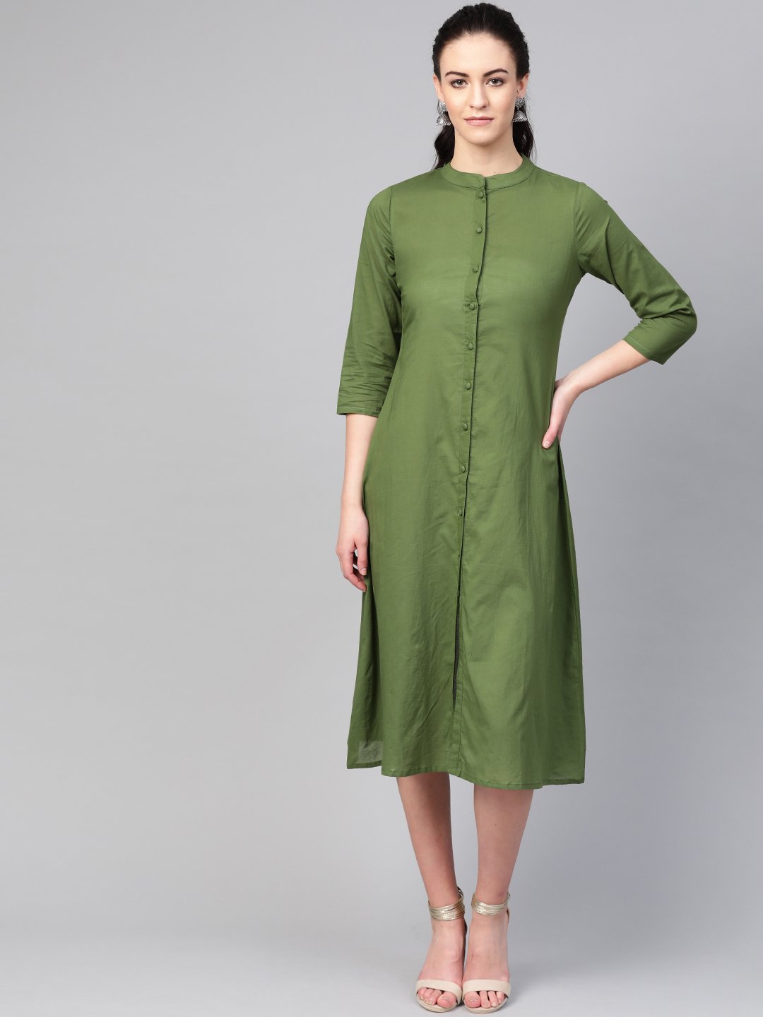 Women Green Solid Midi Dress | NOZ2TOZ - Made In INDIA.