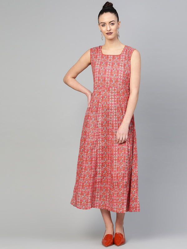 Women Red & Pink Geometric Printed Maxi Dress | NOZ2TOZ - Made In INDIA.