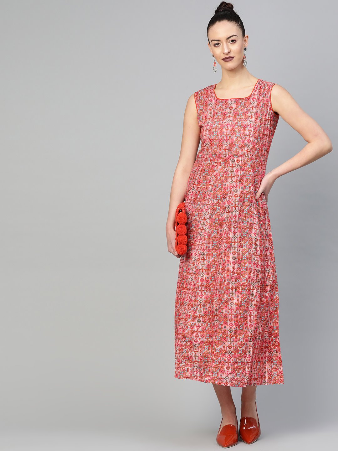 Women Red & Pink Geometric Printed Maxi Dress | NOZ2TOZ - Made In INDIA.