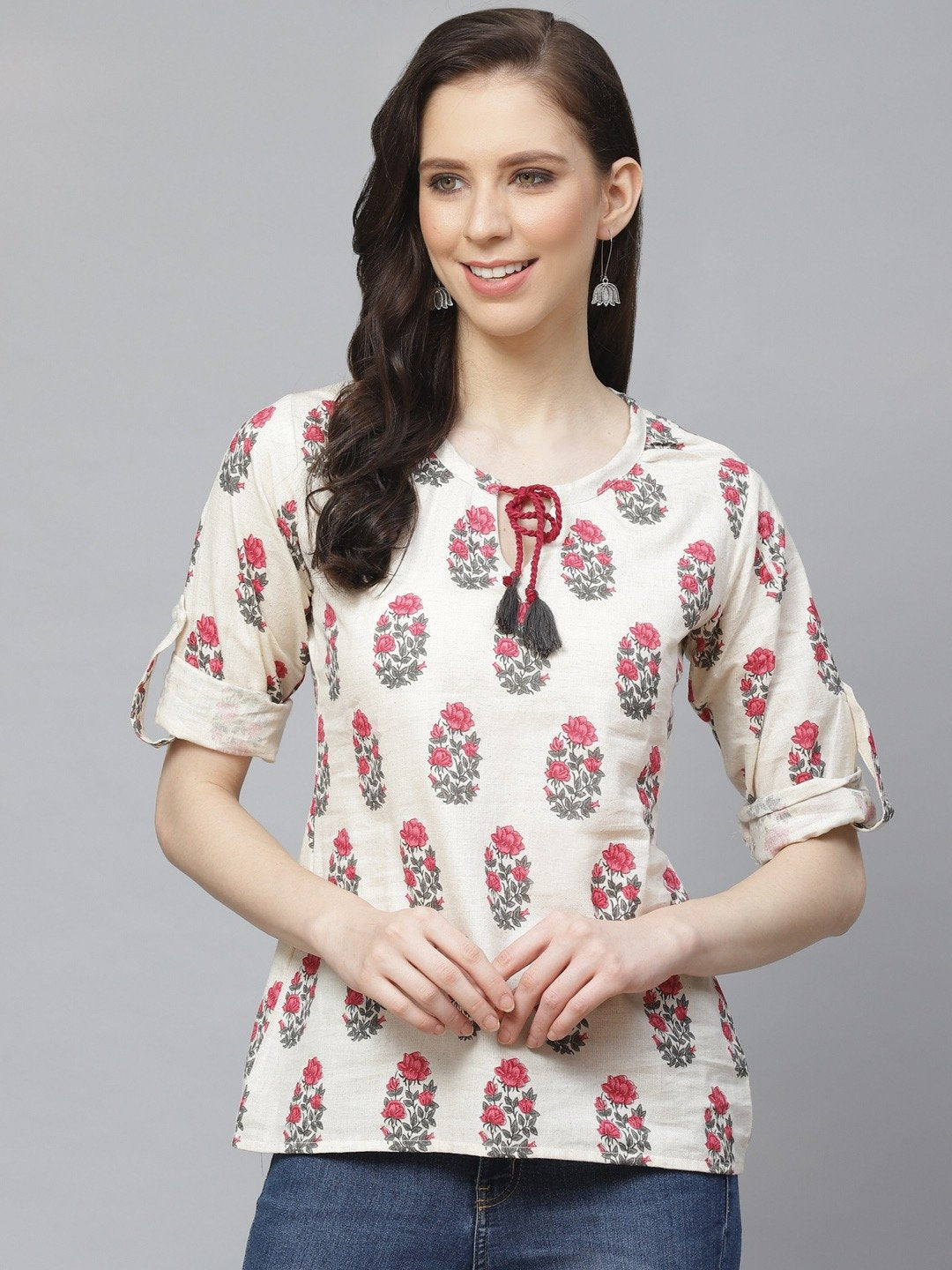 Women Off White & Pink A-Line Floral Printed Tie-Up Neck Top | NOZ2TOZ - Made In INDIA.