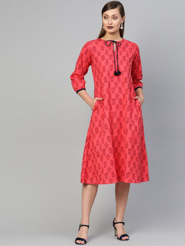 Women Pink Ethnic Motifs Midi Dress | NOZ2TOZ - Made In INDIA.