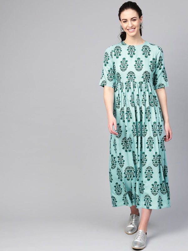 Women Turquoise Blue & Green Floral Maxi Dress | NOZ2TOZ - Made In INDIA.