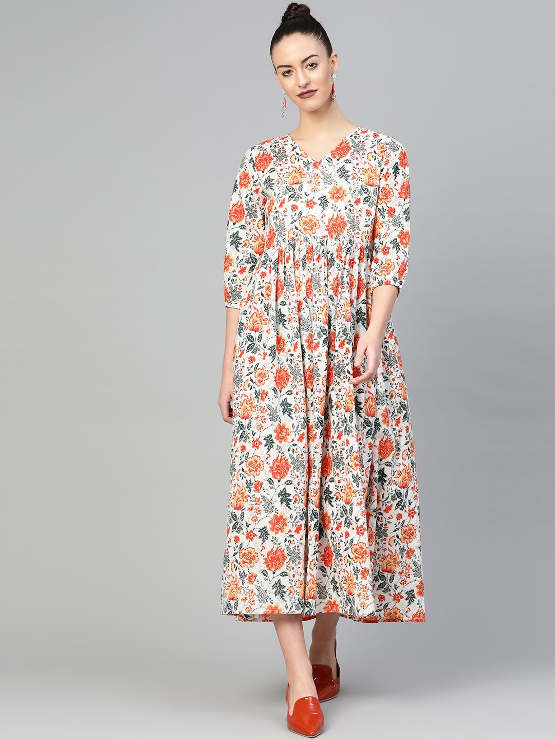 Women White & Orange Floral Maxi Dress | NOZ2TOZ - Made In INDIA.