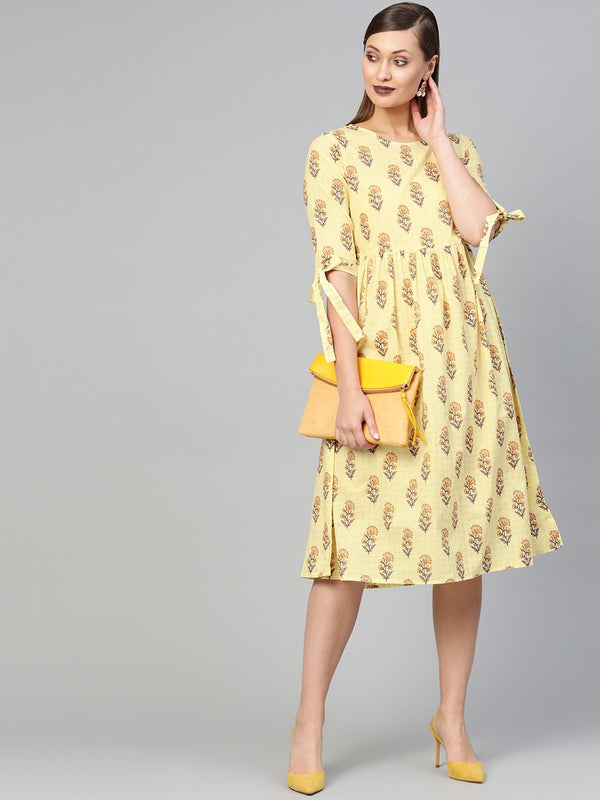 Women Yellow & Brown Floral Knee Length Dress | NOZ2TOZ - Made In INDIA.