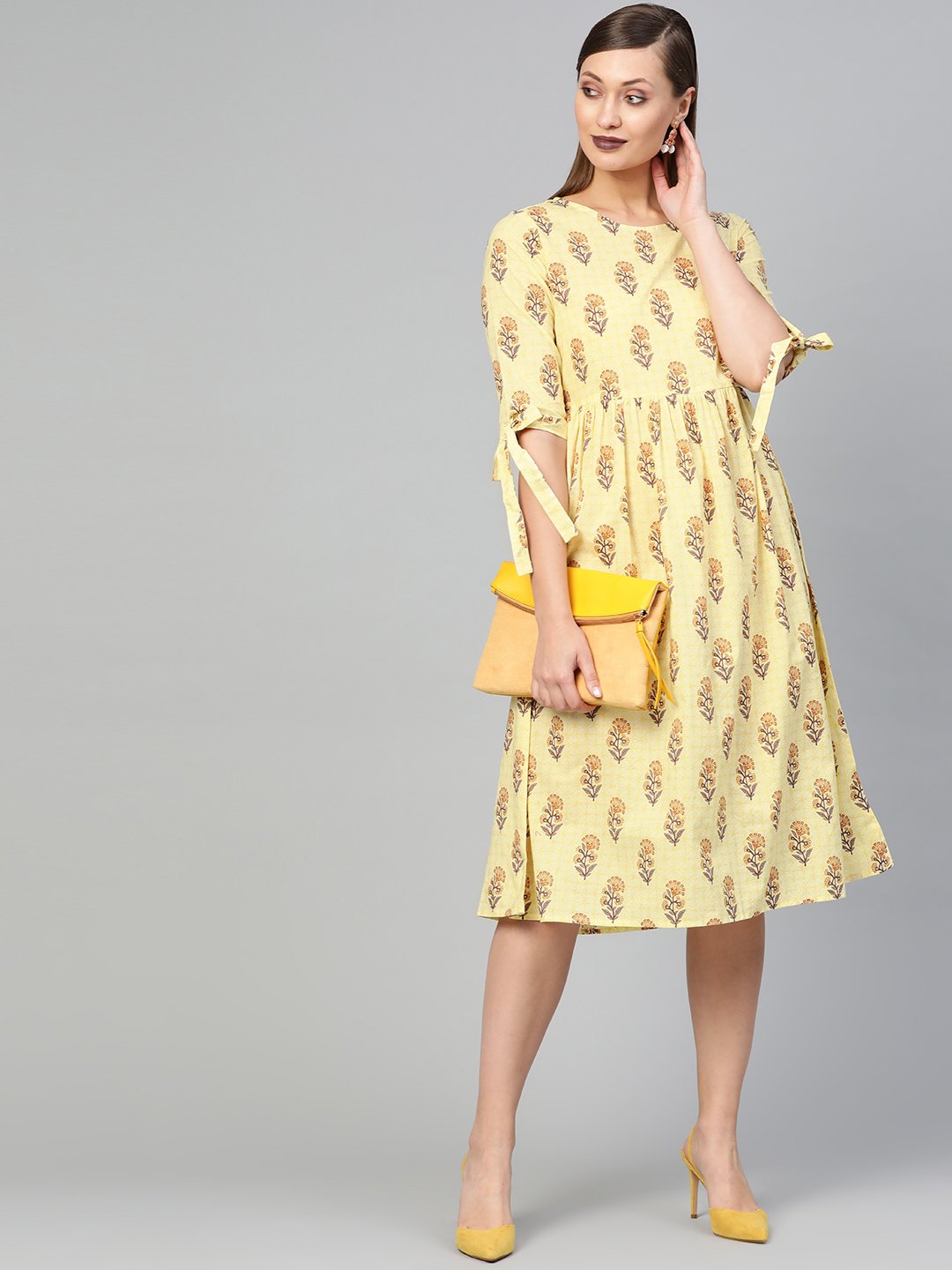 Women Yellow & Brown Floral Printed A-Line Dress | NOZ2TOZ - Made In INDIA.